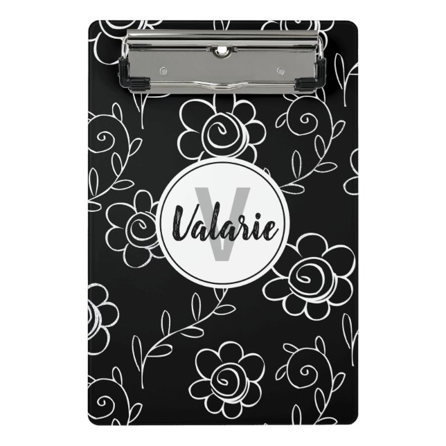 Mini Porte-bloc Monogramme floral noir et blanc simple (Devant)
