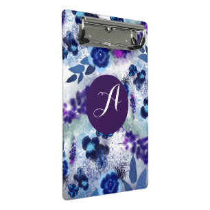 Mini Porte-bloc Motif de fleurs bleues et violettes avec monogramm