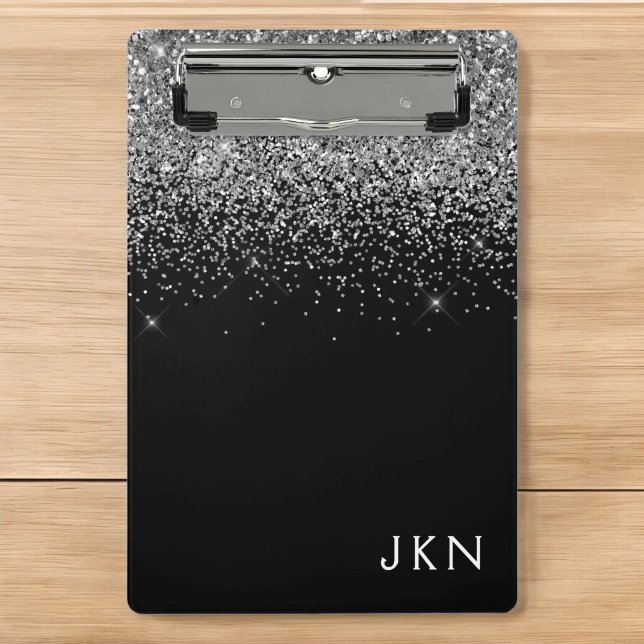 Mini Porte-bloc Nom de monogramme girly pailleté argent noir (Créateur téléchargé)