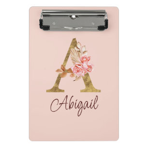 Mini Porte-bloc Nom personnalisé Blush Rose Fleur Lettre A en Or