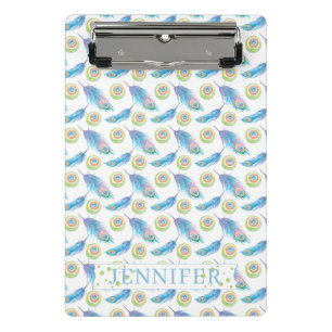 Mini Porte-bloc Nom personnalisé Fond de plumes de paon bleu