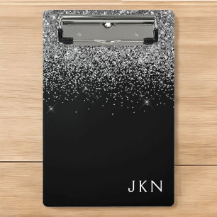 Mini Porte-bloc Paillettes Argent Noir Nom Monogramme Féminin