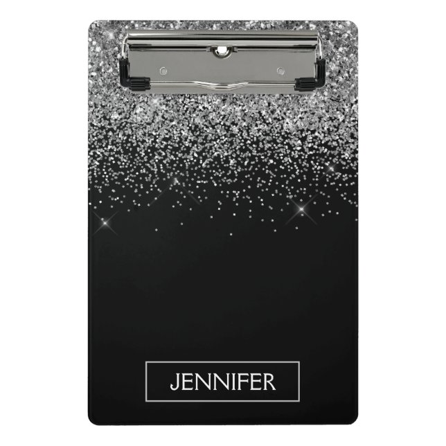 Mini Porte-bloc Paillettes Noir Argent Nom Monogramme Féminin (Devant)