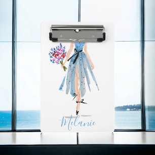 Mini Porte-bloc Robe Bleue Fleurs Femme Chic Mode élégant
