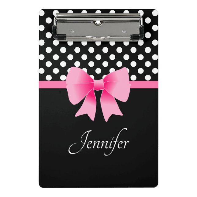 Mini Porte-bloc Ruban rose Noir & Blanc Pois Nom (Devant)