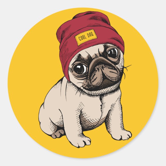 Mini Puppy Hipster Pug Classic Round Sticker (Front)
