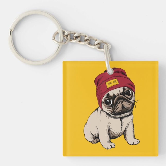 Mini Puppy Hipster Pug Keychain (Front)
