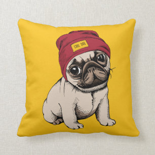 Mini Puppy Hipster Pug Throw Pillow