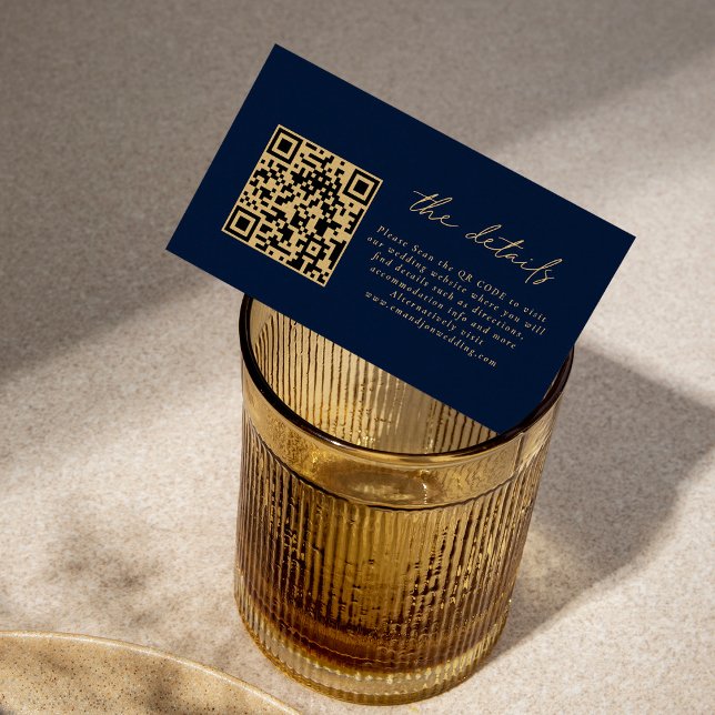 Mini QR Code Gold Script Navy Blue Wedding Details Enclosure Card (Creator Uploaded)