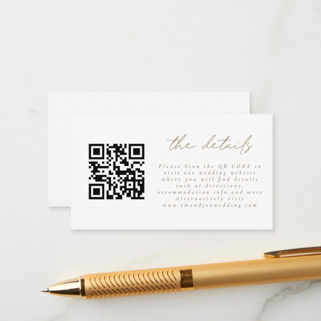 Mini QR Code Simple Gold Script Wedding Details Enclosure Card (Front/Back In Situ)