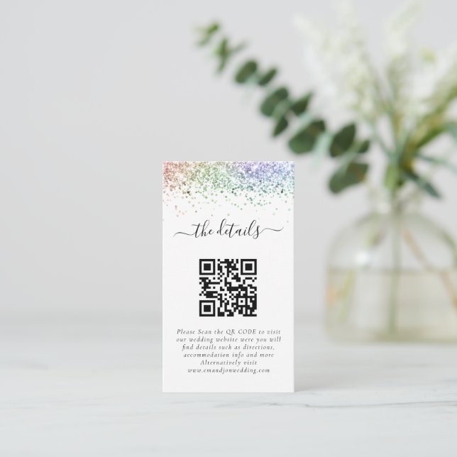 Mini Rainbow Glitter QR Code Wedding Details  Enclosure Card (Standing Front)