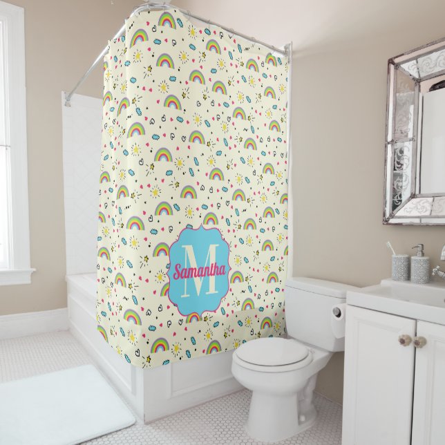 Mini Rainbow Toss on Yellow Retro Pattern Monogram (In Situ)