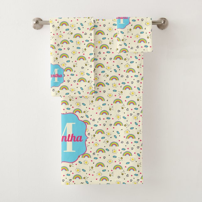 Mini Rainbow Toss on Yellow Retro Pattern Monogram Bath Towel Set (Insitu)