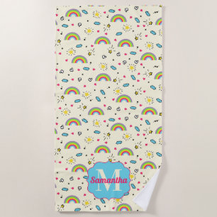 Mini Rainbow Toss on Yellow Retro Pattern Monogram Beach Towel