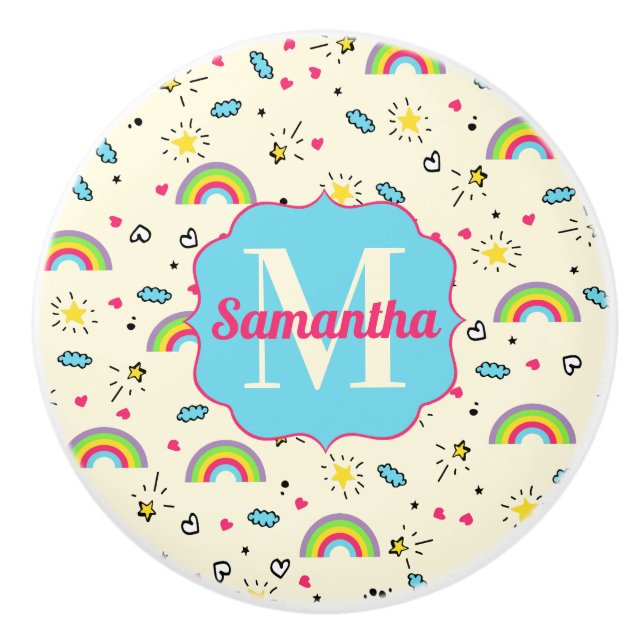 Mini Rainbow Toss on Yellow Retro Pattern Monogram Ceramic Knob (Front)