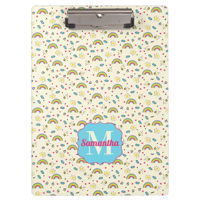 Mini Rainbow Toss on Yellow Retro Pattern Monogram Clipboard (Front)