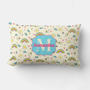 Mini Rainbow Toss on Yellow Retro Pattern Monogram Lumbar Pillow