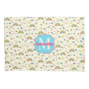 Mini Rainbow Toss on Yellow Retro Pattern Monogram Pillowcase