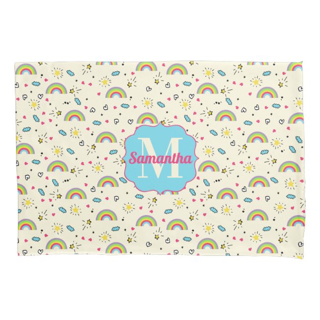 Mini Rainbow Toss on Yellow Retro Pattern Monogram Pillowcase (Front)