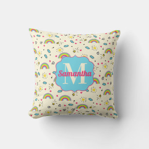 Mini Rainbow Toss on Yellow Retro Pattern Monogram Throw Pillow
