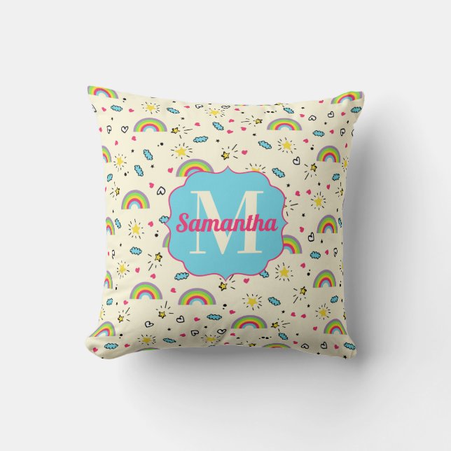 Mini Rainbow Toss on Yellow Retro Pattern Monogram Throw Pillow (Front)