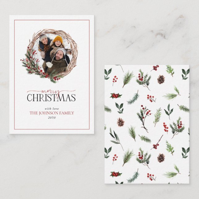 Mini Red Berry Photo Wreath Merry Christmas Card (Front/Back)