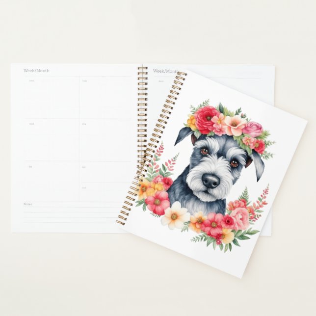 Mini Schnauzer rose Fleurs couronne rouge jaune bl (Devant avec enveloppe)