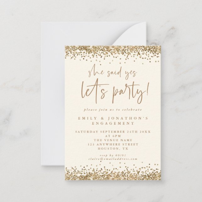 MINI She Said Yes Gold Glitter Cream Engagement Card (Front)