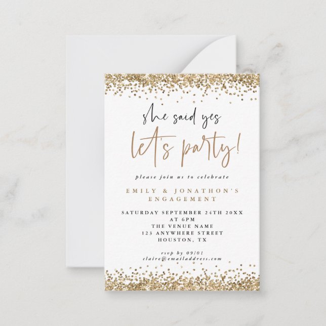 MINI She Said Yes Gold Glitter Engagement Invite (Front)