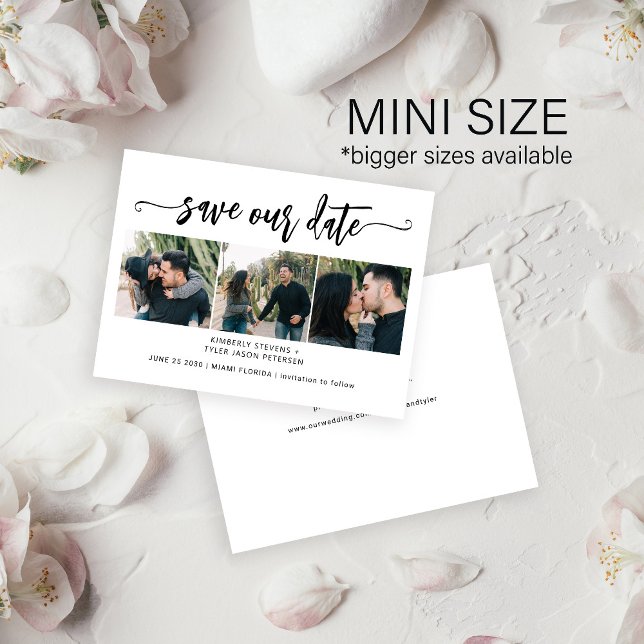 Mini size 3 photo modern wedding save the date card (Creator Uploaded)