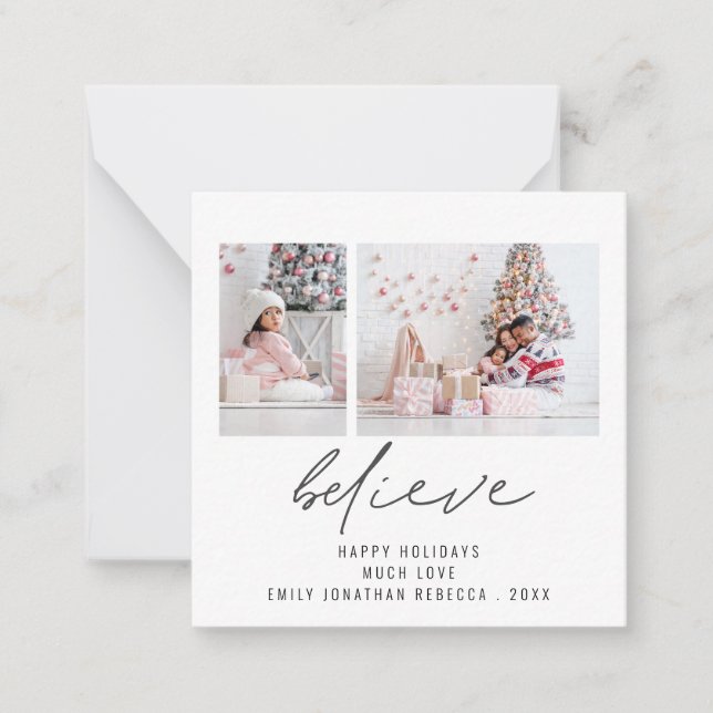 MINI SIZE Believe 2 Photos Script Christmas Card (Front)