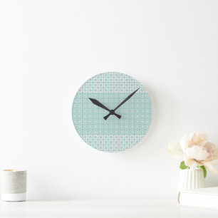 Mini Squares In Squares Duck Egg Green White Round Clock