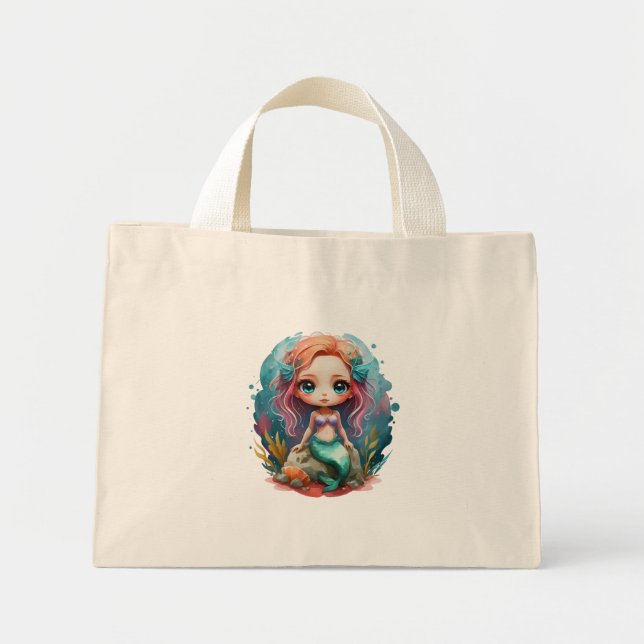 Mini Tote Bag Aquarelle mignonne sirène Tiny Fourre-tout (Devant)