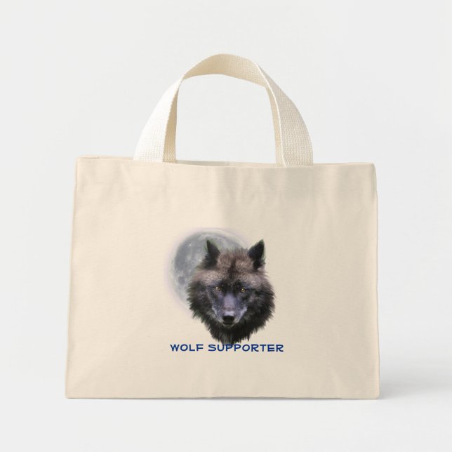 Mini Tote Bag Black GRAY WOLF & MOON Wolf Supporter Art (Devant)