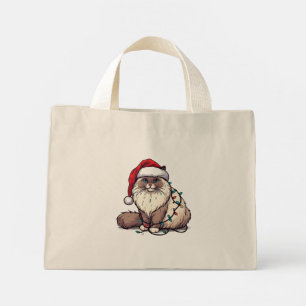 Mini Tote Bag Chat de Noël Ragdoll, chaton de Noël Père Noël Rag