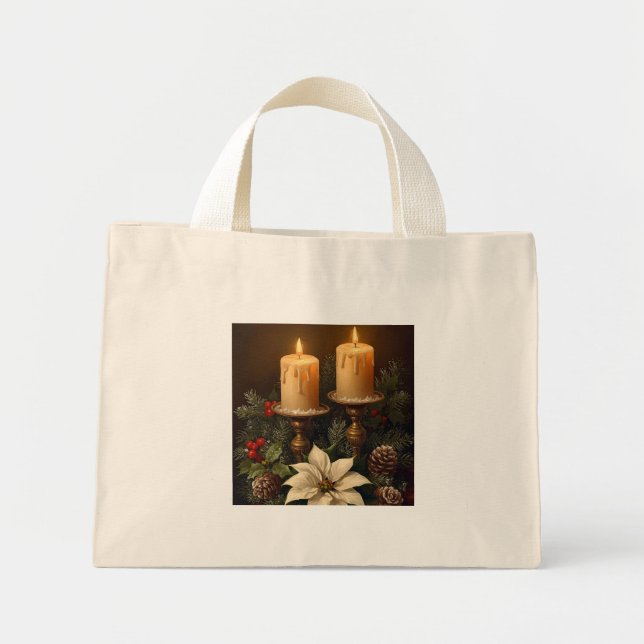 Mini Tote Bag Elegant candle  holly pine warm rustic christmas (Devant)