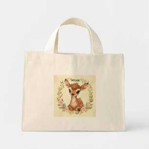 Mini Tote Bag Faon de la forêt douce dans une couronne de fleurs