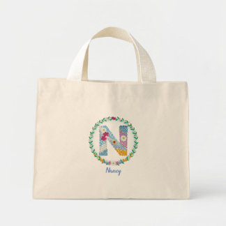Mini Tote Bag Lettres de fleurs Initiale "N" avec nom personnali