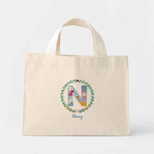 Mini Tote Bag Lettres de fleurs Initiale "N" avec nom personnali (Devant)