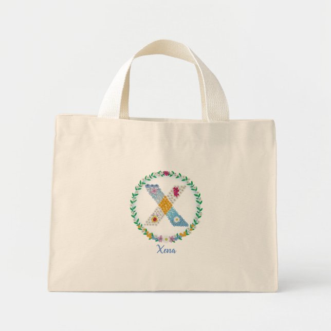 Mini Tote Bag Lettres de fleurs Initiale "X" avec nom personnali (Devant)