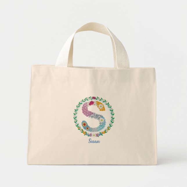 Mini Tote Bag Lettres de fleurs "S" initiales avec nom personnal (Devant)