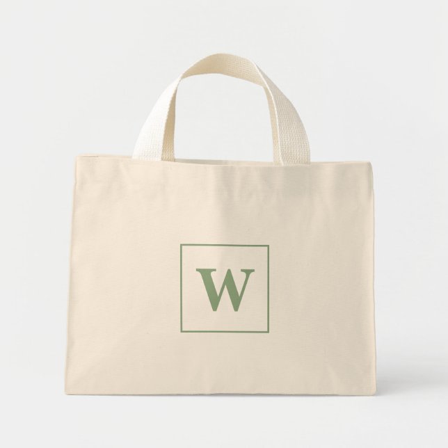 Mini Tote Bag Monogramme personnalisé Initial Élégant Sage Vert (Devant)