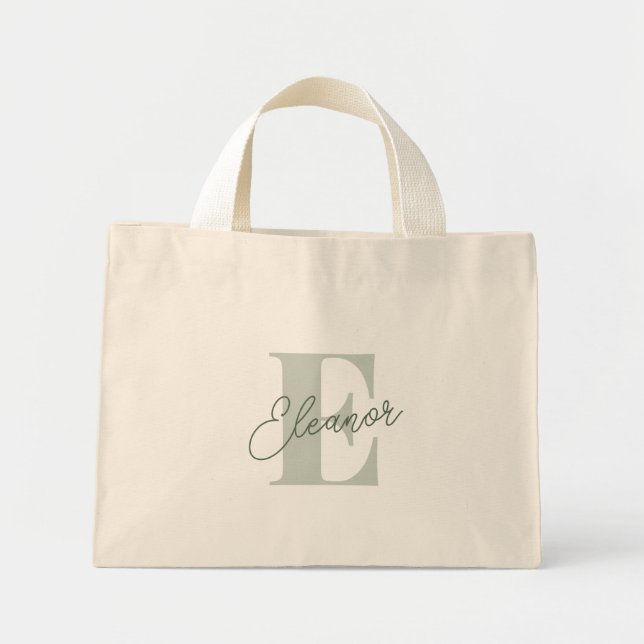 Mini Tote Bag Nom du monogramme personnalisé Sage Green Script (Devant)