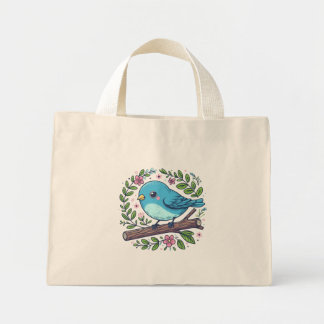 Mini Tote Bag Oiseau bleu mignon perché sur une branche florissa