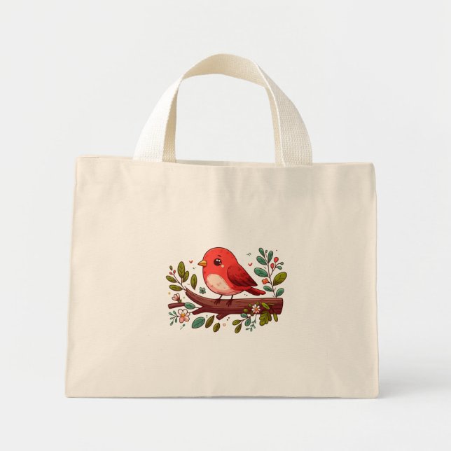 Mini Tote Bag Oiseau rouge mignon sur une branche avec fleurs (Devant)