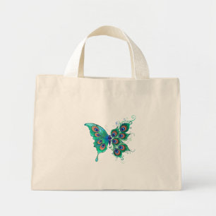Mini Tote Bag Papillon aux plumes de paon vert