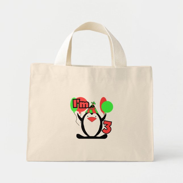 Mini Tote Bag Penguin I'm 3 Anniversaire Tshirts et cadeaux (Devant)