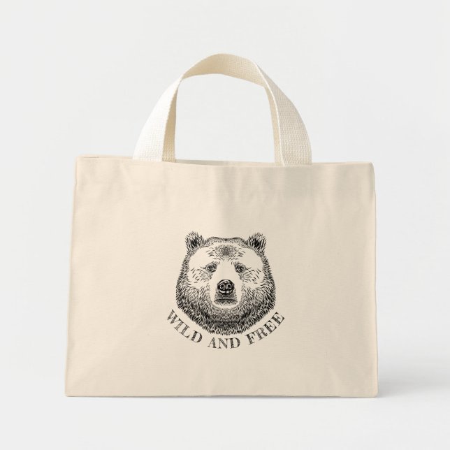 Mini Tote Bag Tête D'Ours, Sauvage Et Libre, Illustration Dessin (Devant)