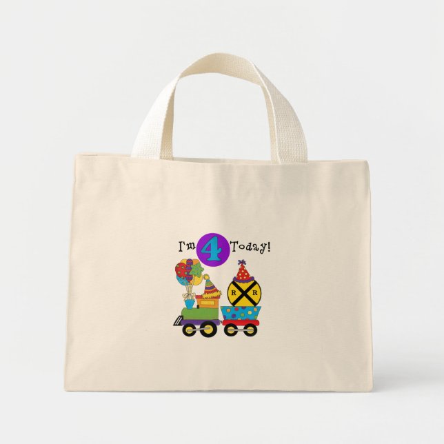 Mini Tote Bag Train d'anniversaire 4e Anniversaire Tshirts et ca (Devant)