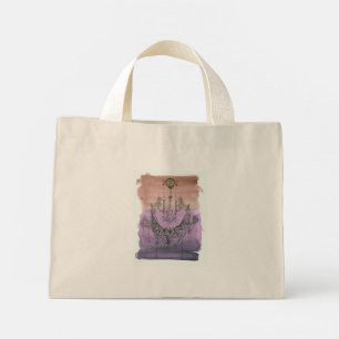 Mini Tote Bag Two Moods on One Bag - Hamsa and Rainy Day Flowers